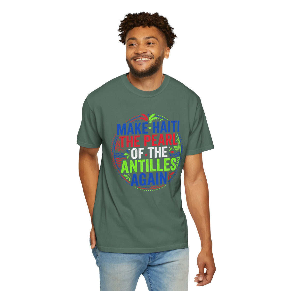 Make Haiti the Pearl — T‑Shirt (Antilles Pride, Colorful Retro Globe Design)