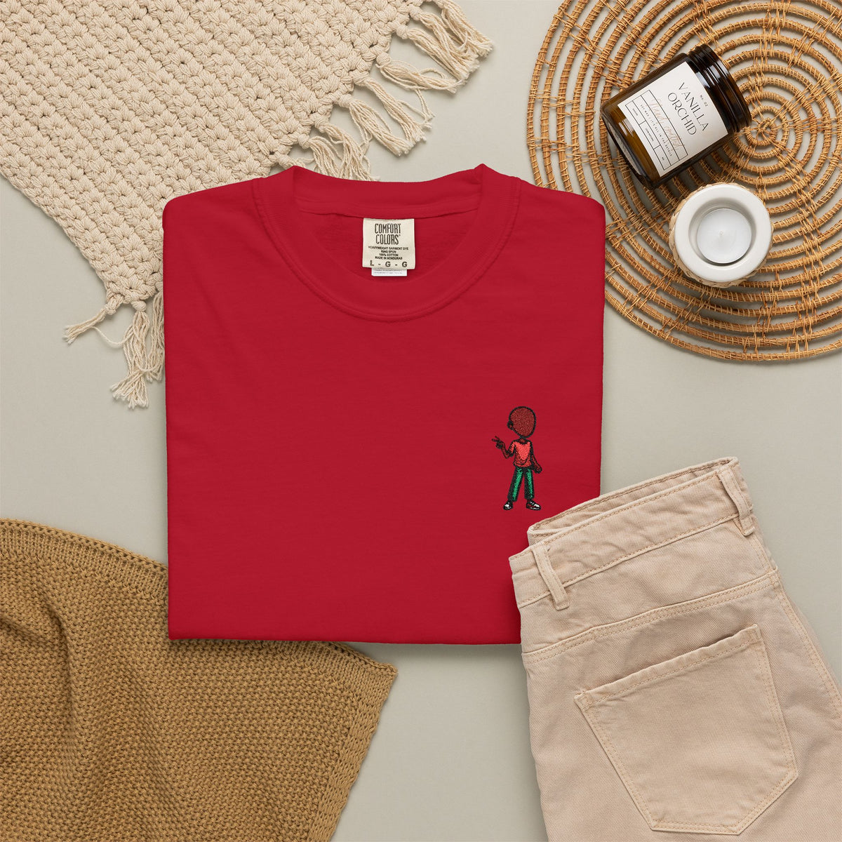 T-Shirt — Tiny Red-Haired Skateboarder Chest Graphic, Minimal Streetwear Tee