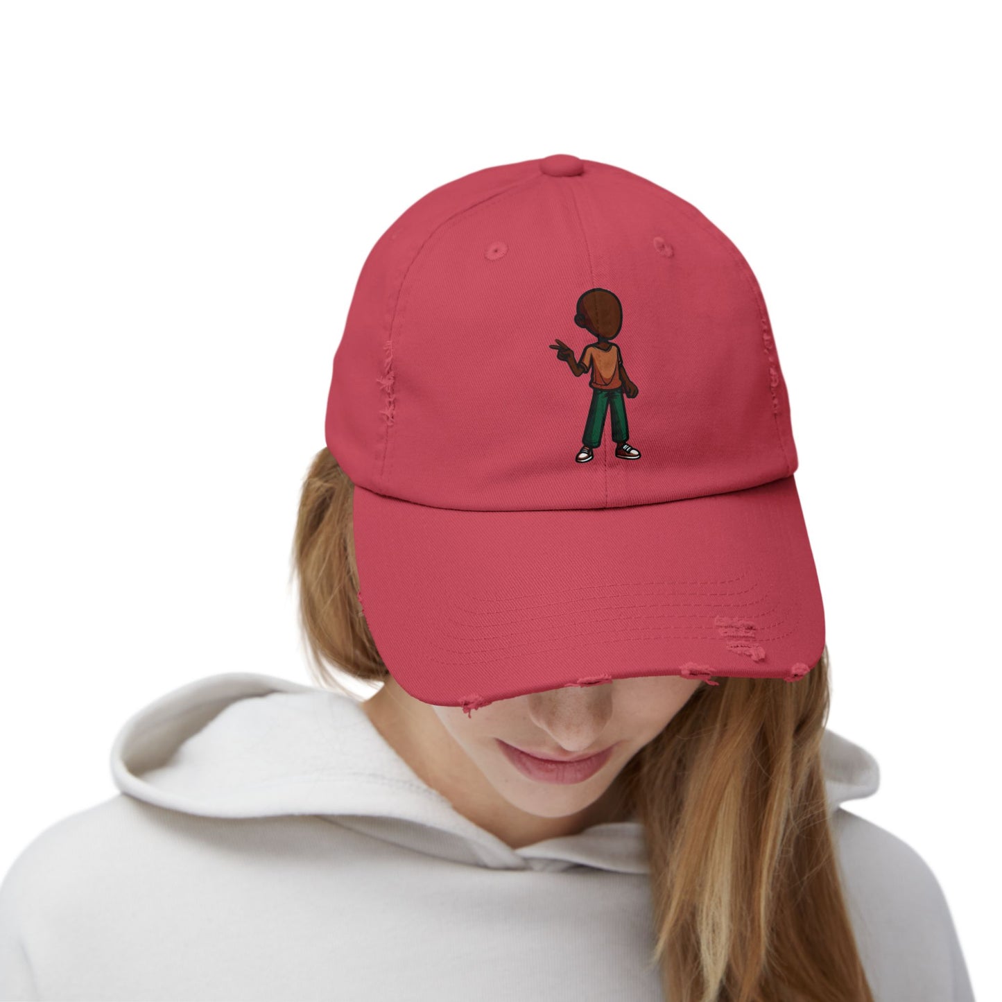 Distressed Black Dad Hat with Retro Boy Graphic — Casual Streetwear Cap