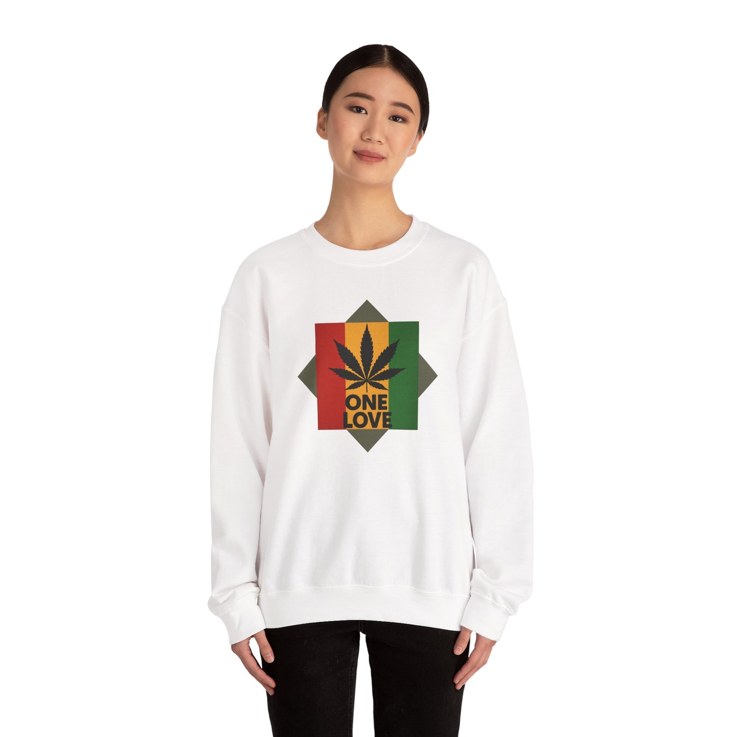 One Love Cannabis Crewneck Sweatshirt | Unisex Pullover | Cozy Streetwear, Gift for Stoners, Rasta Style Sweatshirt, Chill Vibes Apparel