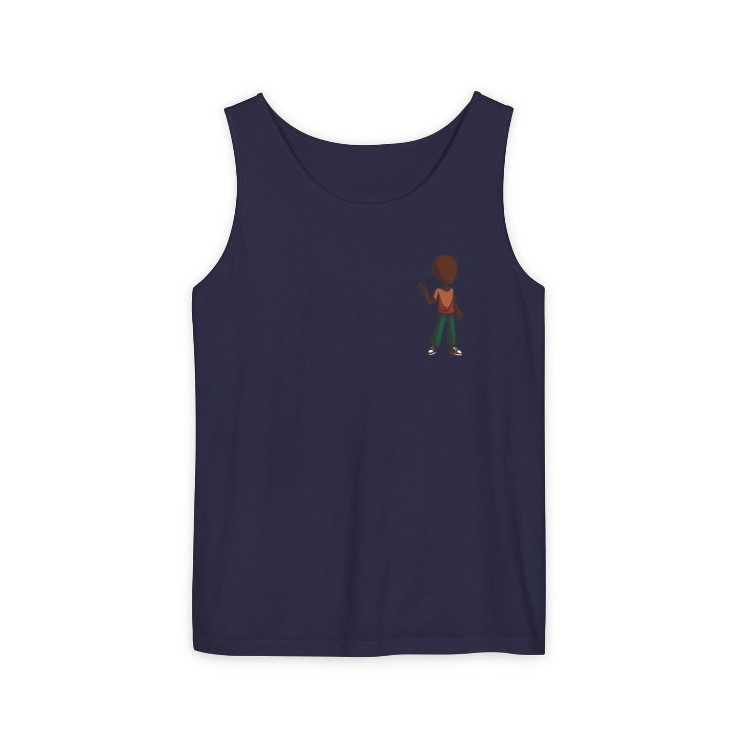 Minimalist Coffee Lover Tank — Small Cartoon Person Holding Mug Graphic Tank Top
