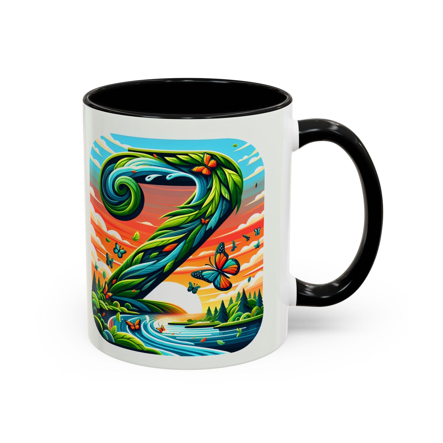 Nature-Inspired Accent Coffee Mug - Vibrant Green Design with Butterflies and Scenic View