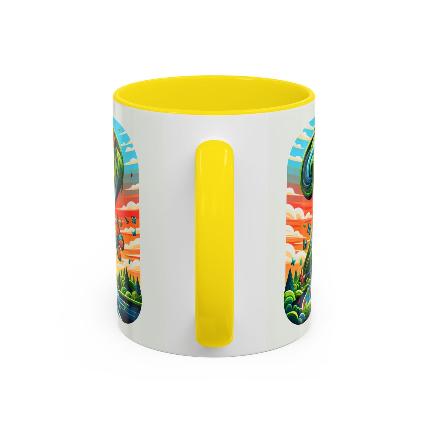 Nature-Inspired Accent Coffee Mug - Vibrant Green Design with Butterflies and Scenic View