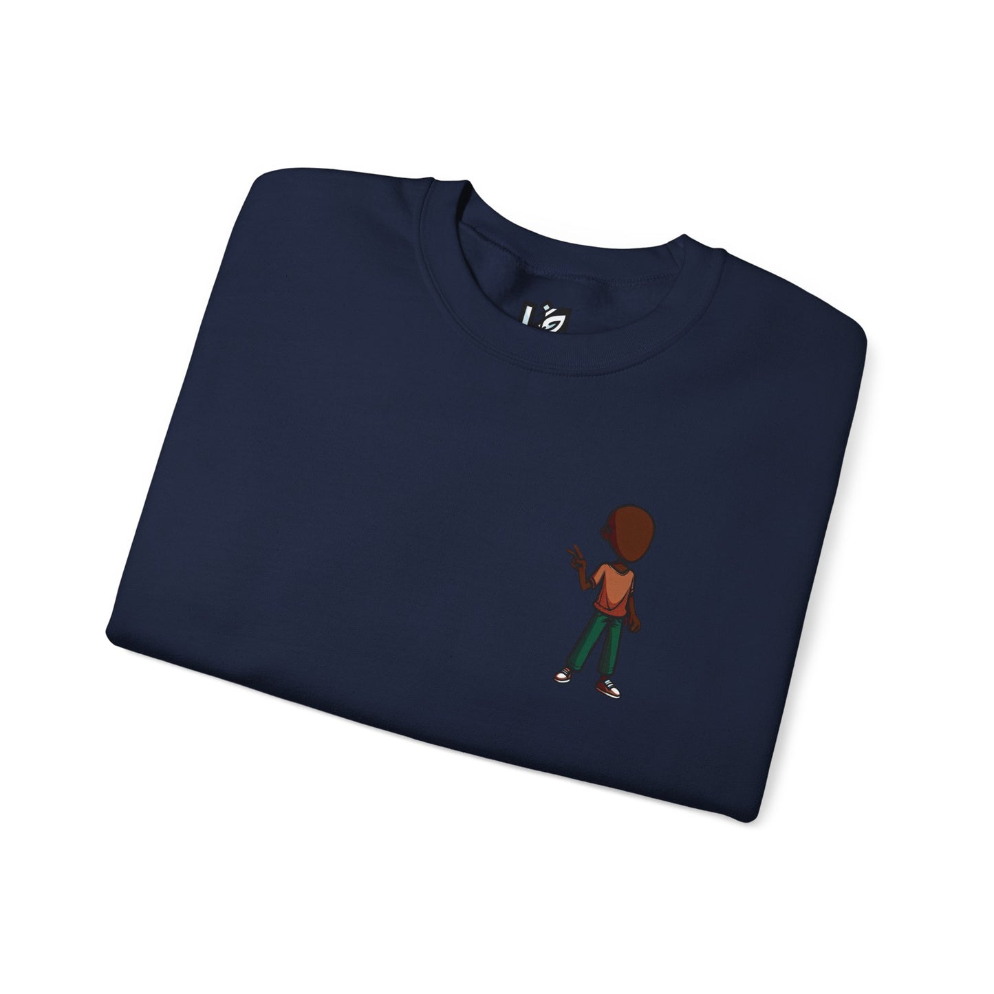 Crewneck Sweatshirt with Cartoon Guitarist & 'Rock On' Sleeve Graphic
