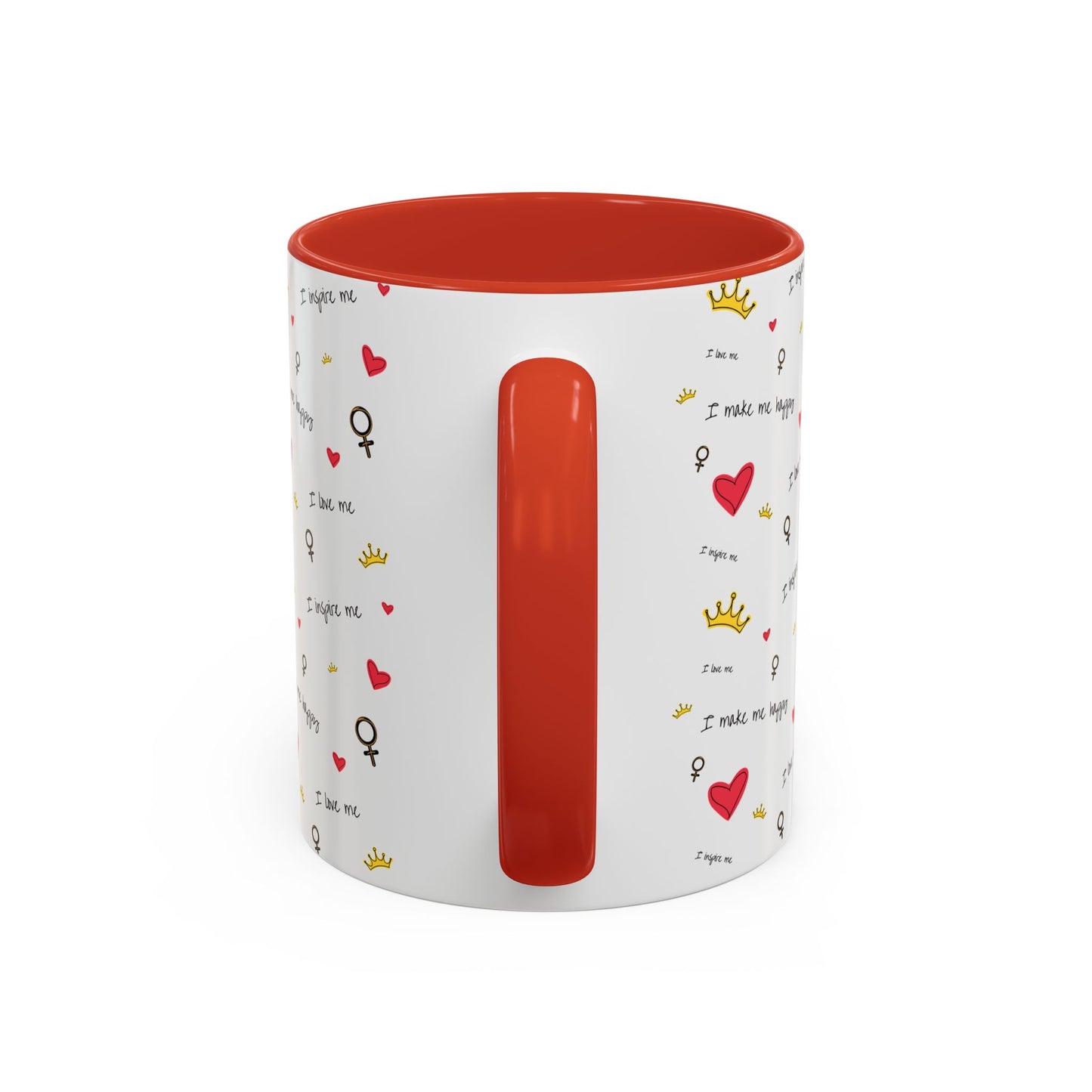 Inspirational Accent Coffee Mug - "I Love Me", Red Hearts and Crowns, Perfect Gift for Self-Care