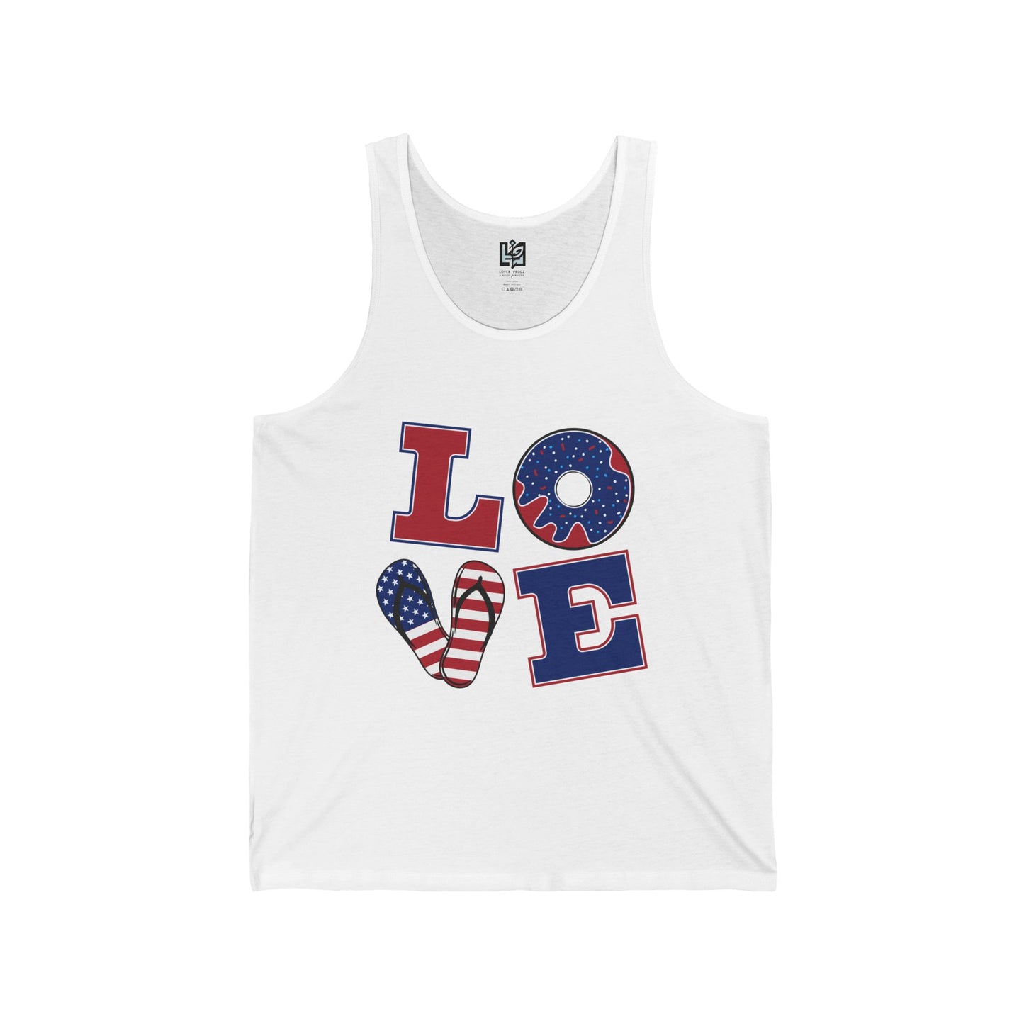 Unisex Jersey Tank - ‘LOVE’ Patriotic Design, Casual Summer Wear, 4th of July, Gifts for Him or Her, Fitness Gear, Festival Attire