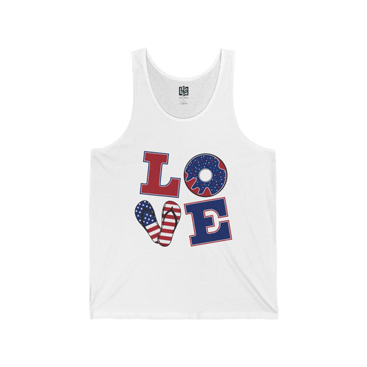 Unisex Jersey Tank - ‘LOVE’ Patriotic Design, Casual Summer Wear, 4th of July, Gifts for Him or Her, Fitness Gear, Festival Attire