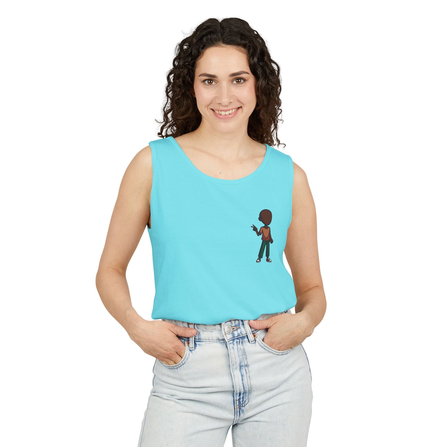Minimalist Coffee Lover Tank — Small Cartoon Person Holding Mug Graphic Tank Top