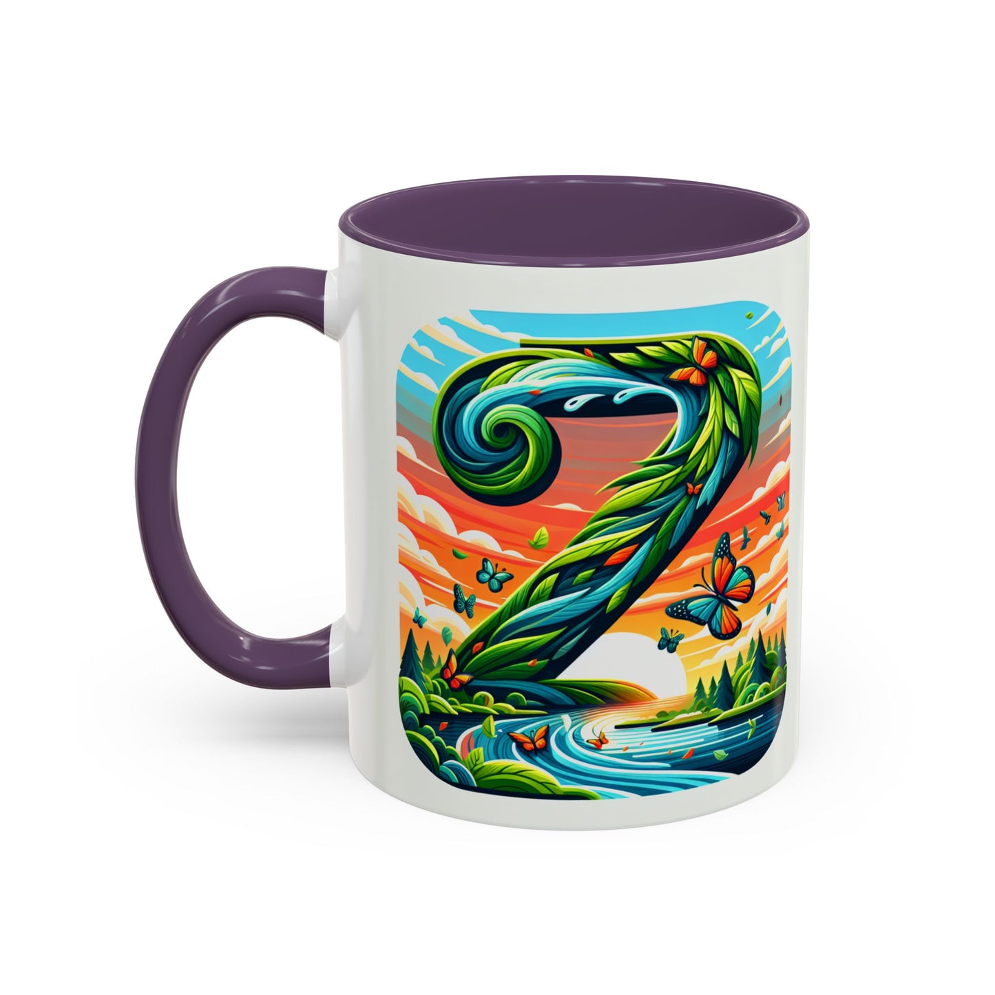 Nature-Inspired Accent Coffee Mug - Vibrant Green Design with Butterflies and Scenic View