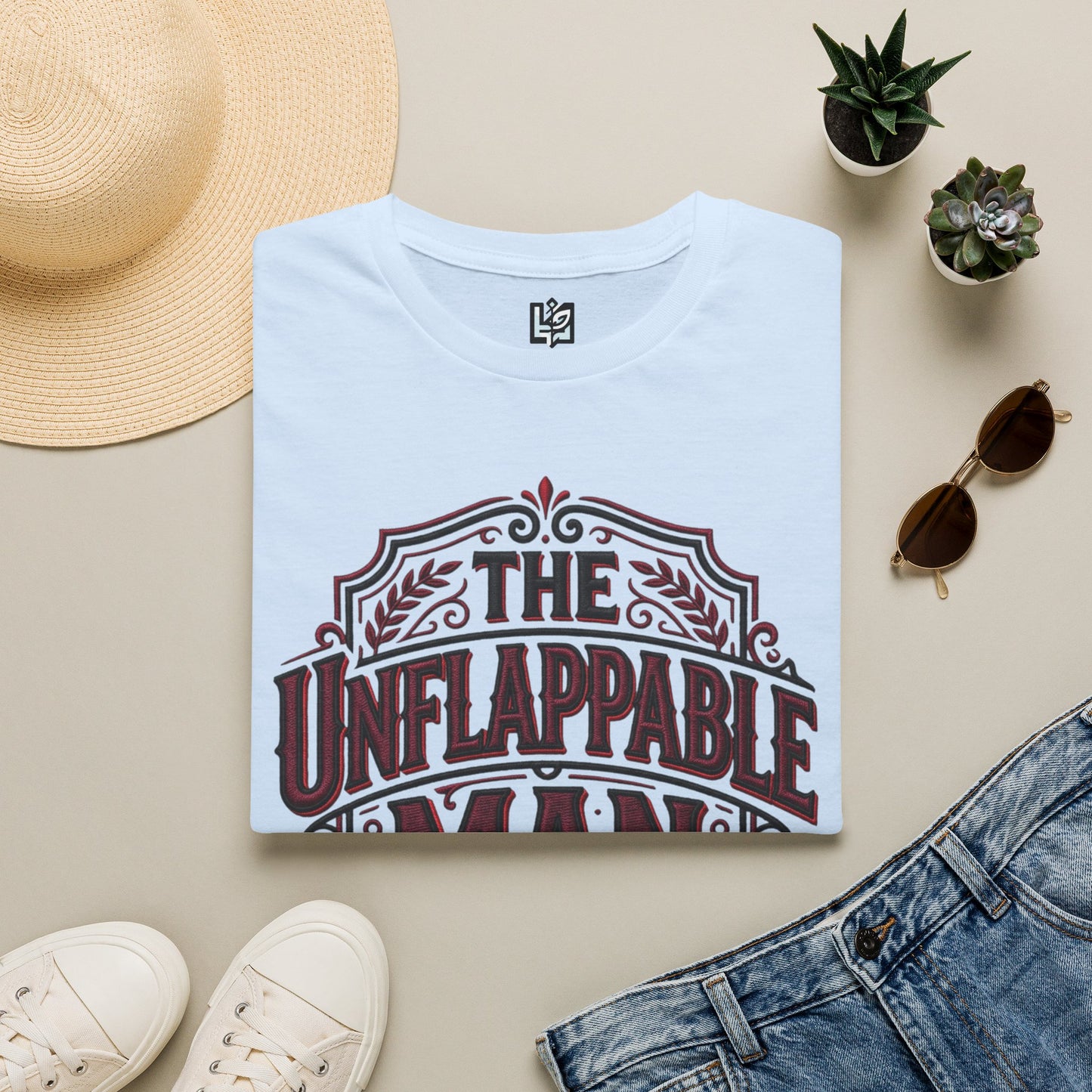 The Unflappable Man T-Shirt — Vintage Shield Graphic Tee for Confident Guys