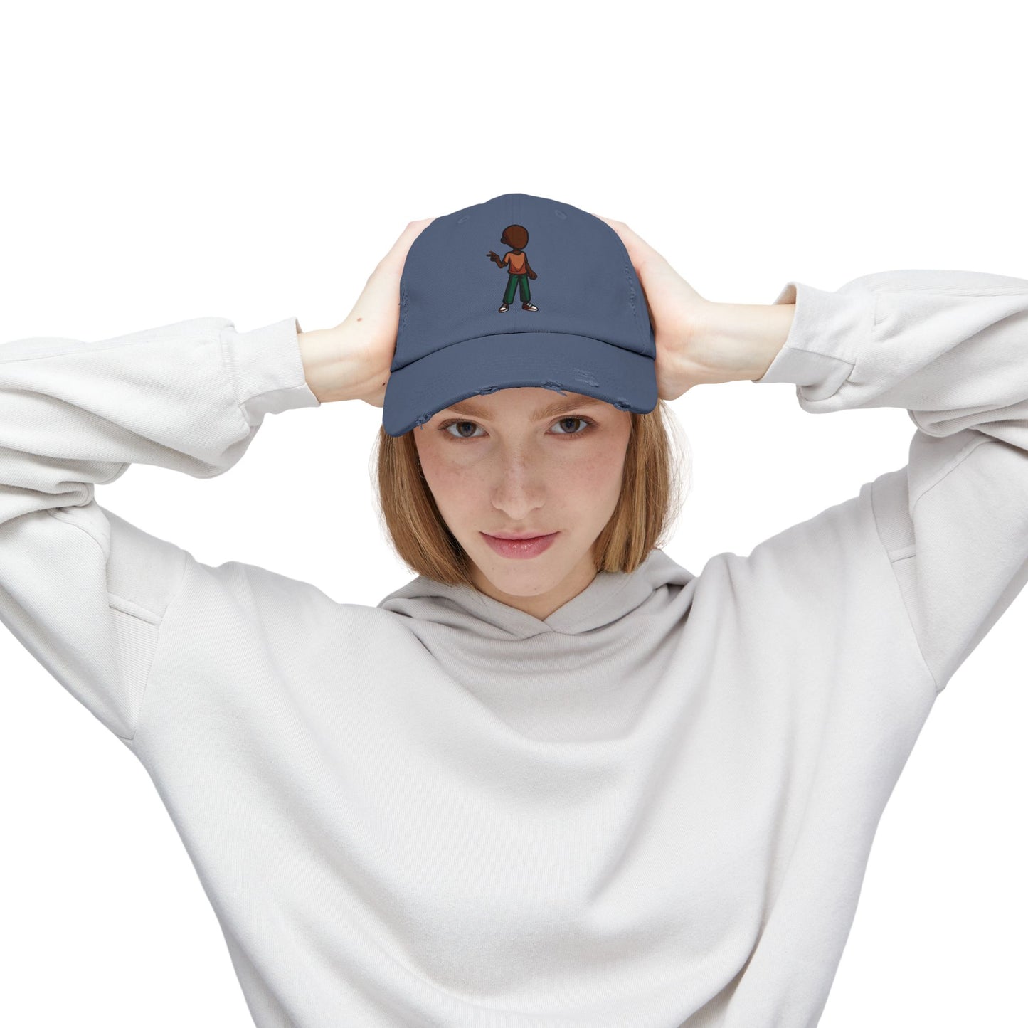Distressed Black Dad Hat with Retro Boy Graphic — Casual Streetwear Cap