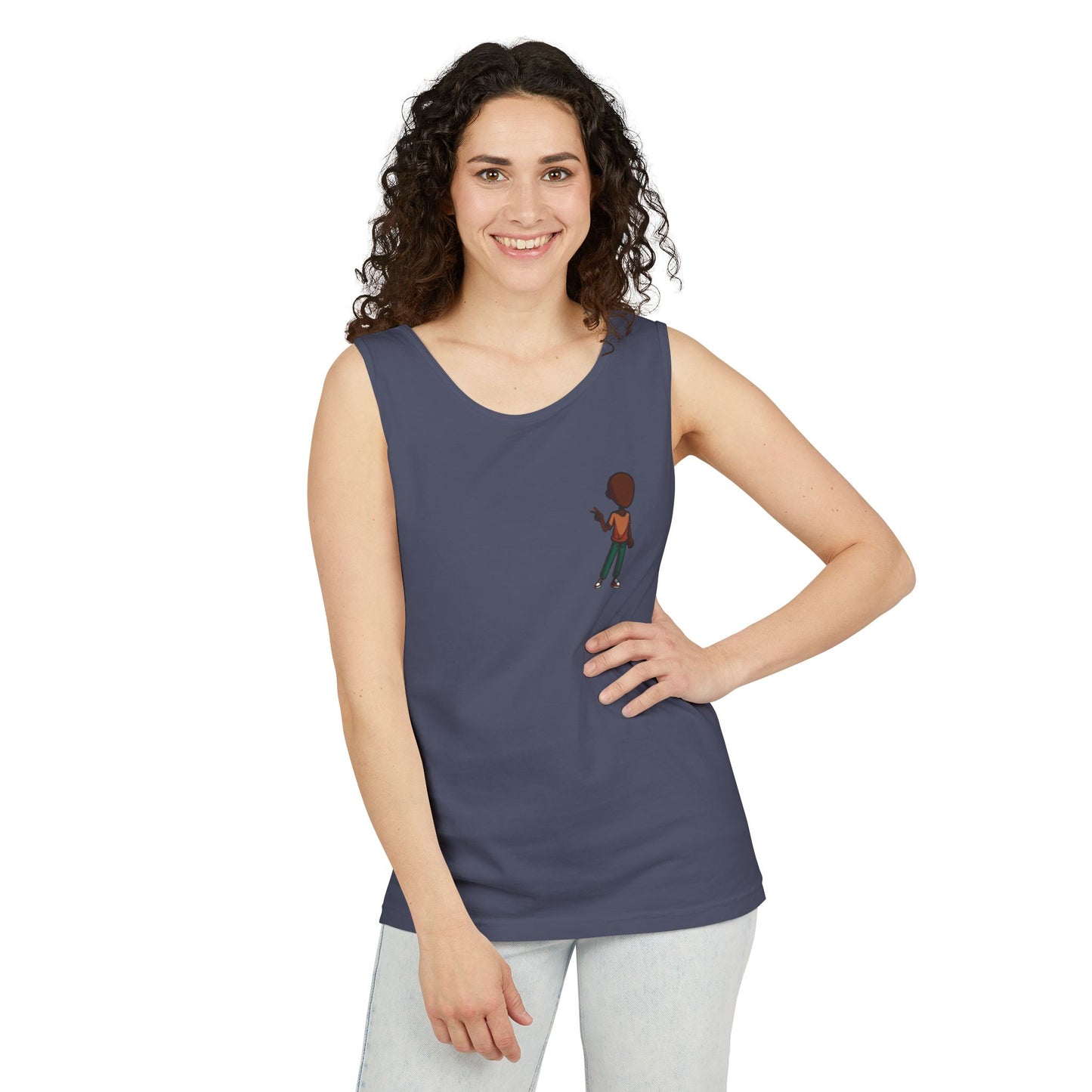 Minimalist Coffee Lover Tank — Small Cartoon Person Holding Mug Graphic Tank Top