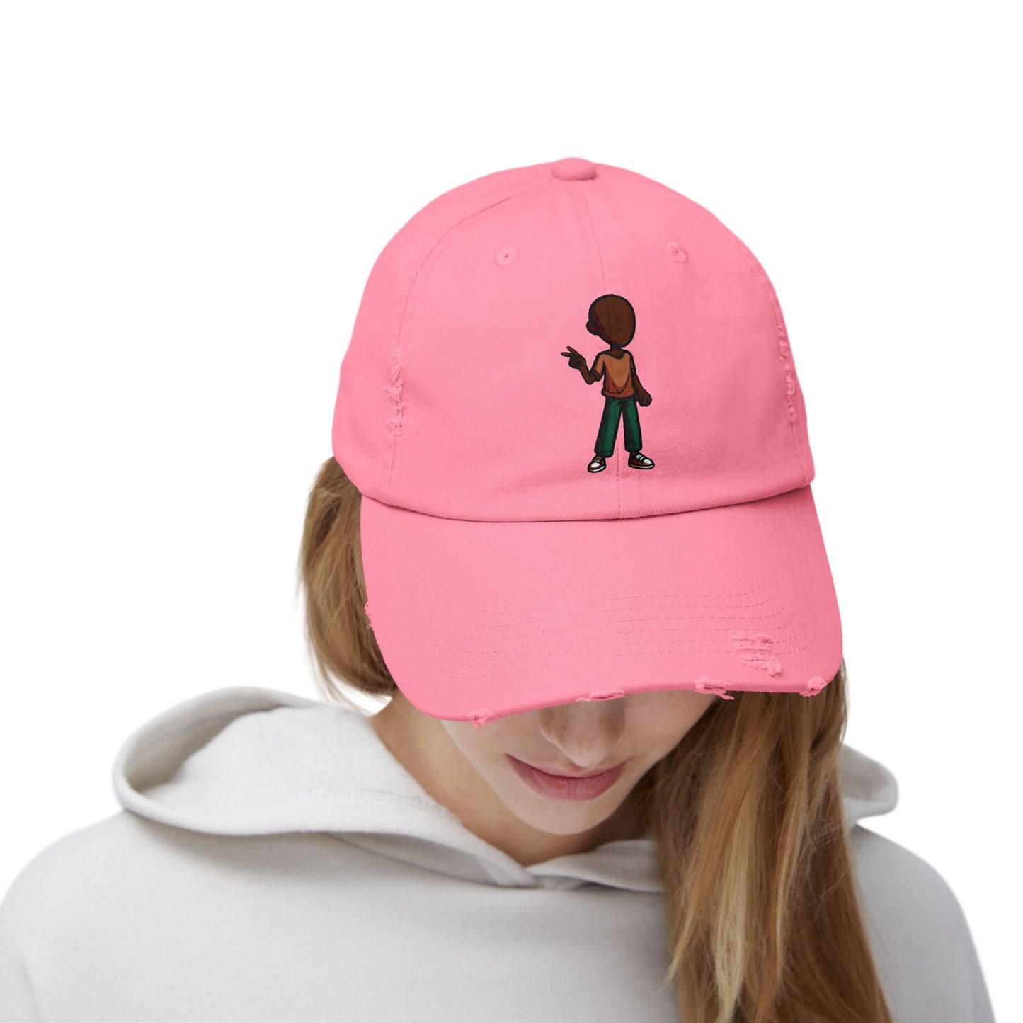 Distressed Black Dad Hat with Retro Boy Graphic — Casual Streetwear Cap