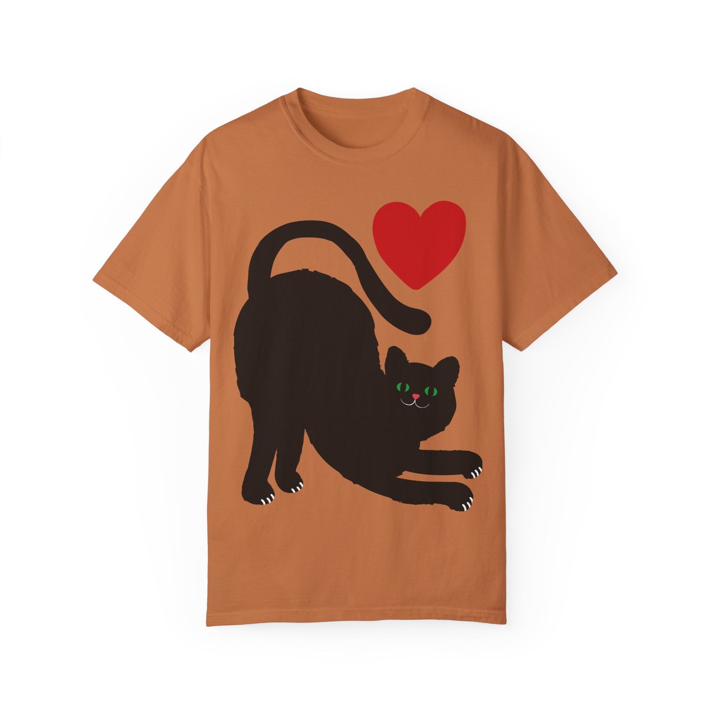 Cute Cat Lover's Unisex Garment-Dyed T-Shirt - Playful Black Cat with Heart Design