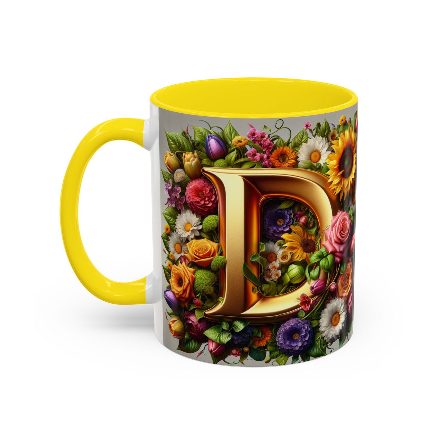 Floral Letter D Accent Coffee Mug - Colorful Personalized Drinkware for Nature Lovers