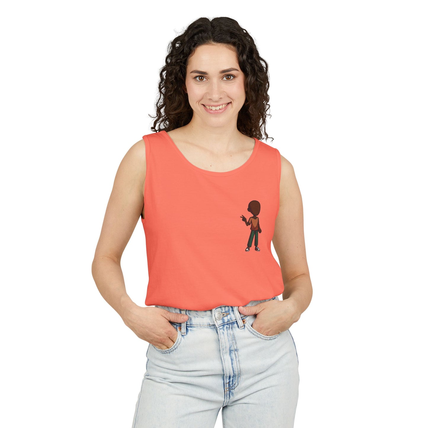 Minimalist Coffee Lover Tank — Small Cartoon Person Holding Mug Graphic Tank Top