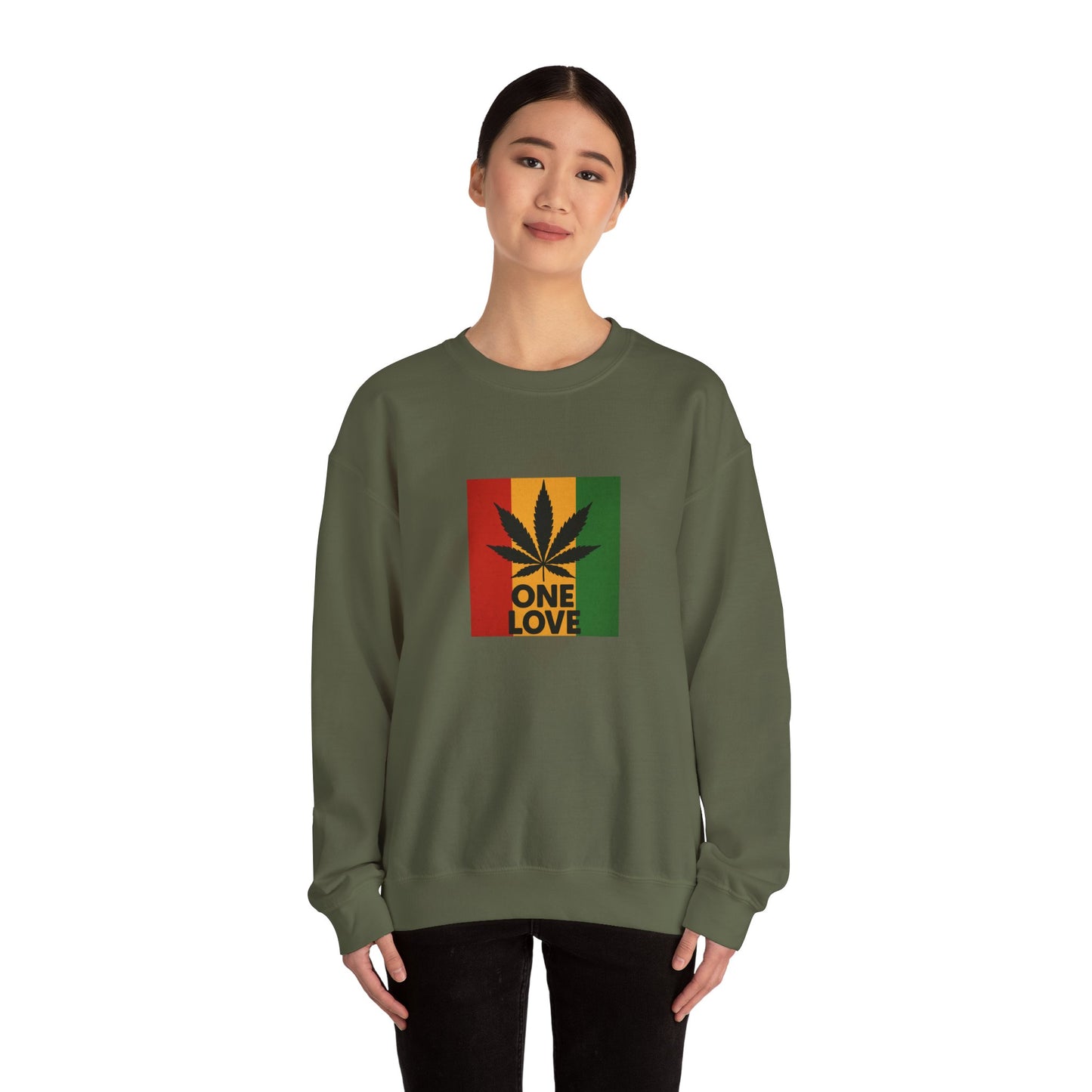 One Love Cannabis Crewneck Sweatshirt | Unisex Pullover | Cozy Streetwear, Gift for Stoners, Rasta Style Sweatshirt, Chill Vibes Apparel