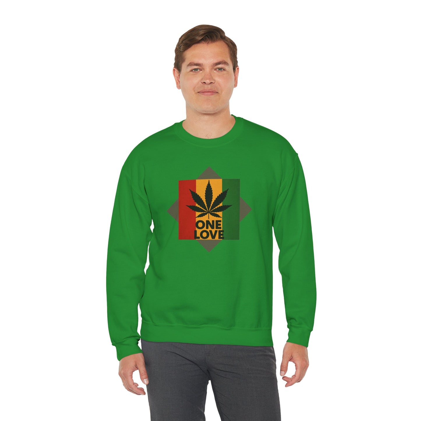 One Love Cannabis Crewneck Sweatshirt | Unisex Pullover | Cozy Streetwear, Gift for Stoners, Rasta Style Sweatshirt, Chill Vibes Apparel