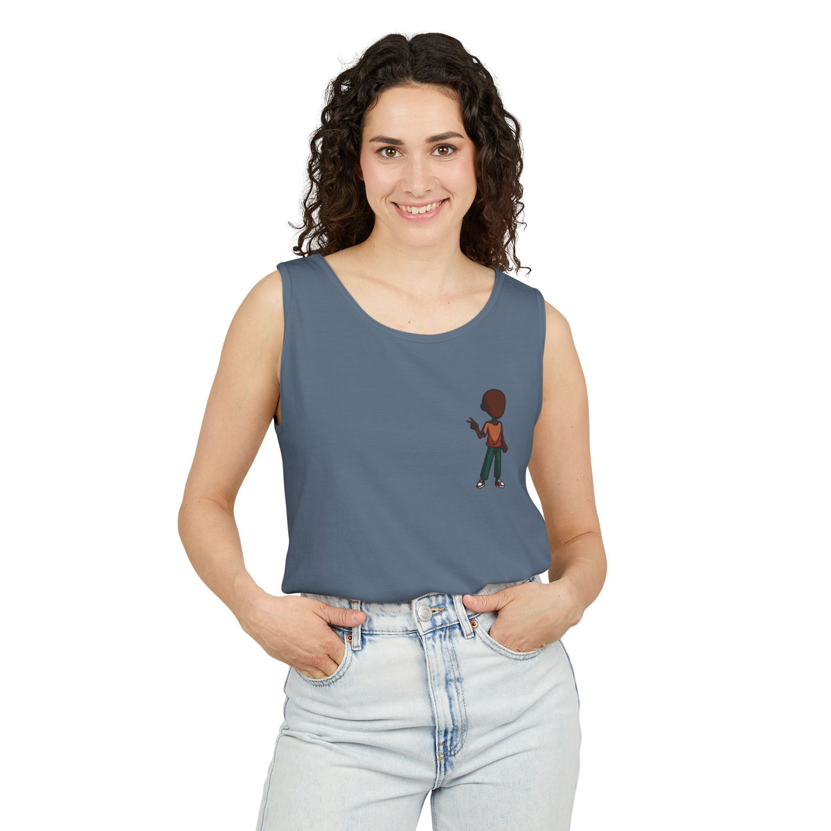 Minimalist Coffee Lover Tank — Small Cartoon Person Holding Mug Graphic Tank Top