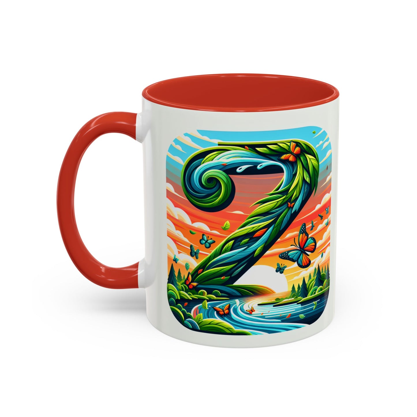 Nature-Inspired Accent Coffee Mug - Vibrant Green Design with Butterflies and Scenic View