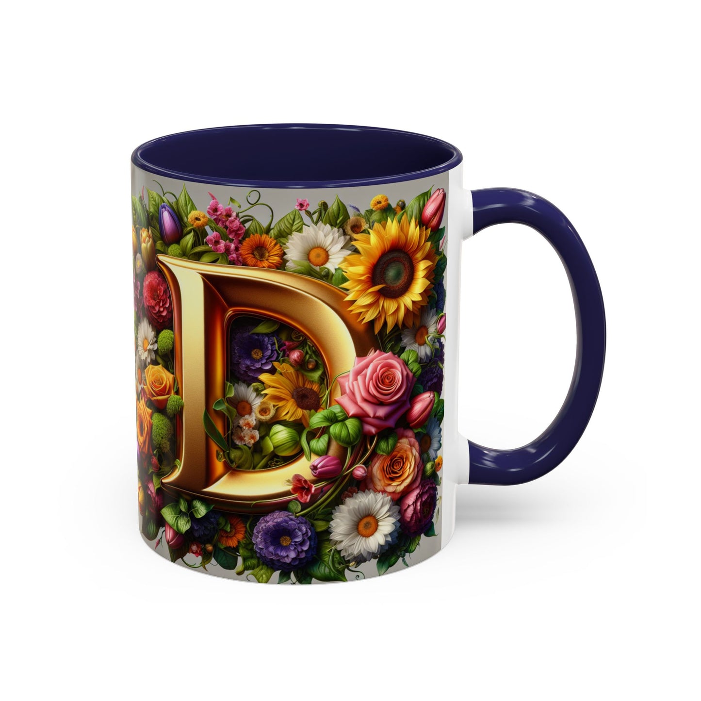 Floral Letter D Accent Coffee Mug - Colorful Personalized Drinkware for Nature Lovers