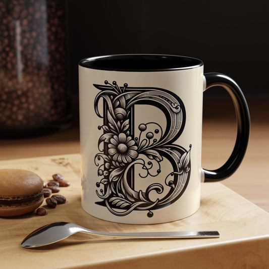 Elegant Floral Initial Coffee Mug - Customizable Black & Cream Design (11oz, 15oz)