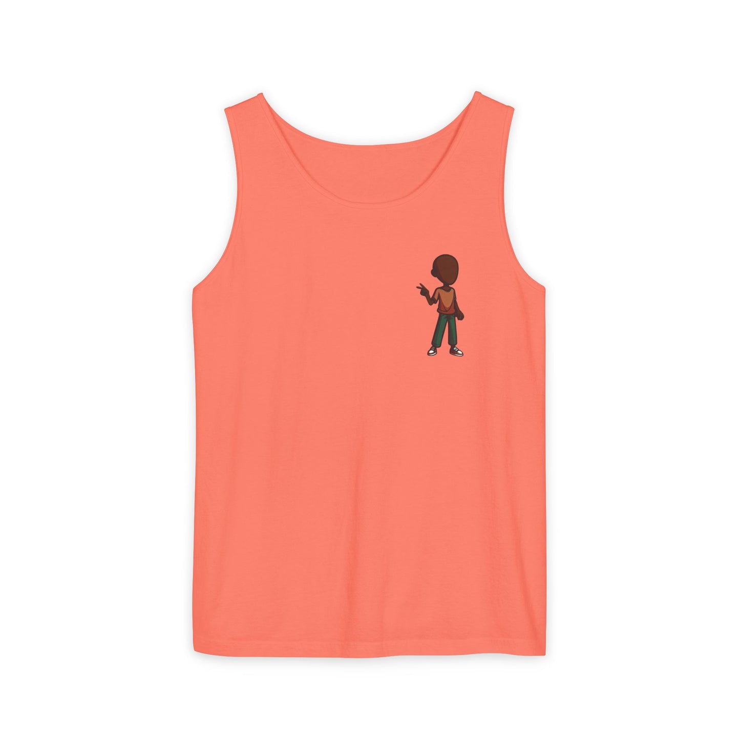 Minimalist Coffee Lover Tank — Small Cartoon Person Holding Mug Graphic Tank Top