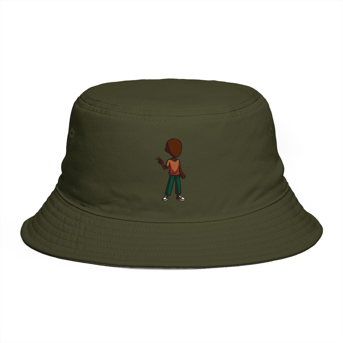 Brown Streetwear Bucket Hat with Small Kid Cartoon Graphic