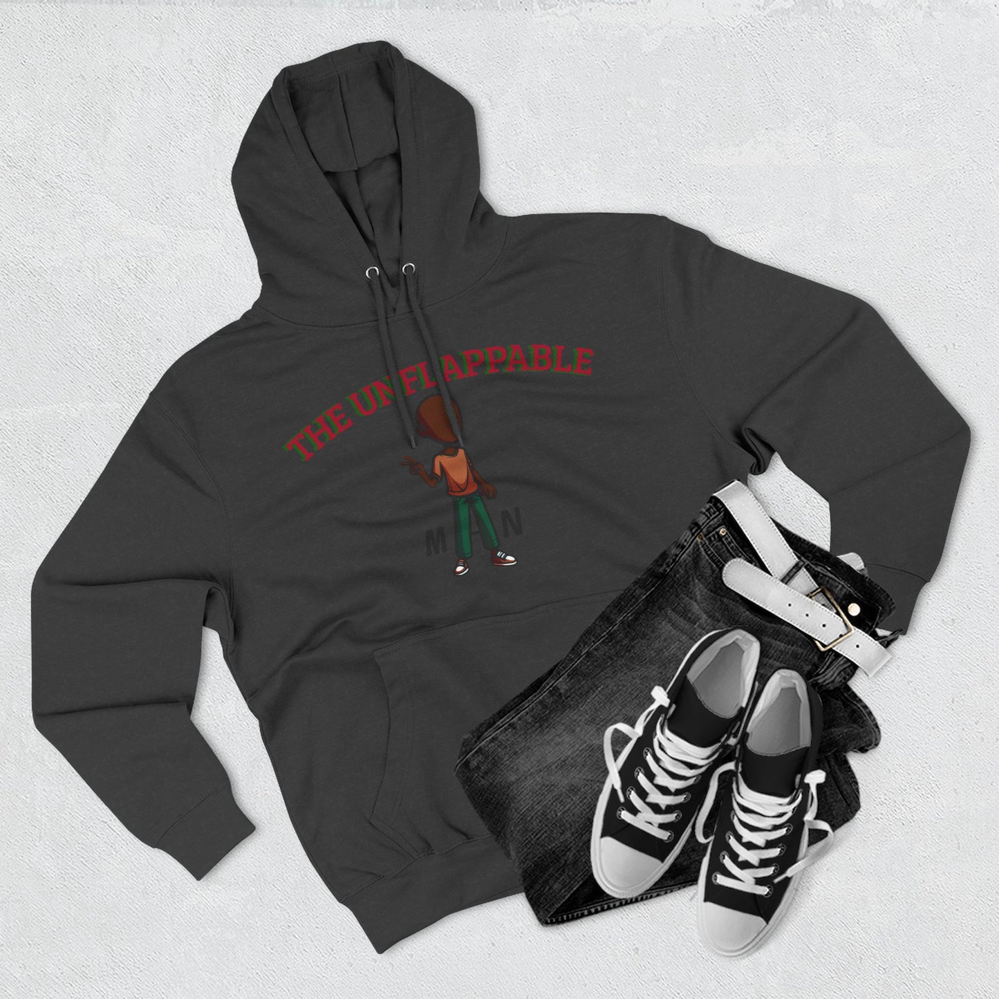 Unflappable Man Hoodie — Graphic Fleece Pullover with Cartoon Character