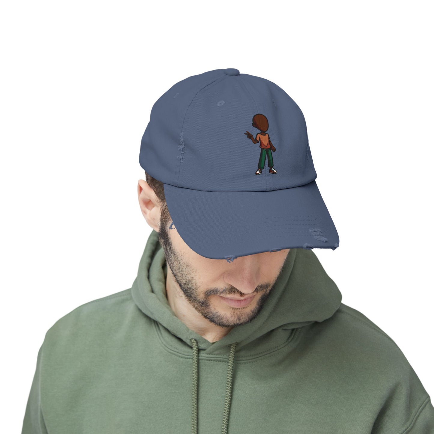 Distressed Black Dad Hat with Retro Boy Graphic — Casual Streetwear Cap