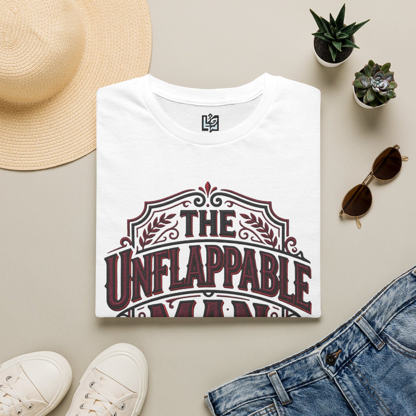 The Unflappable Man T-Shirt — Vintage Shield Graphic Tee for Confident Guys