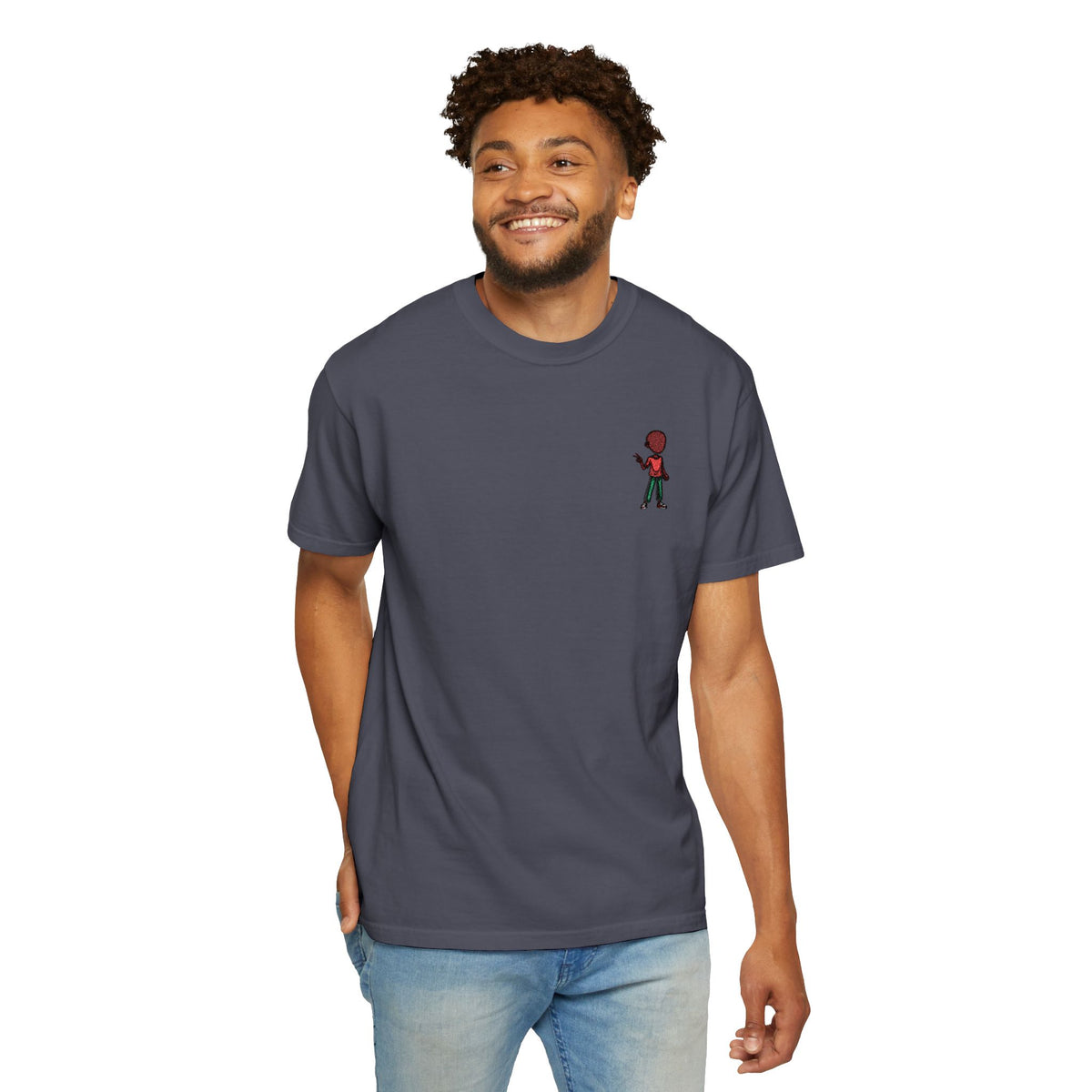 T-Shirt — Tiny Red-Haired Skateboarder Chest Graphic, Minimal Streetwear Tee