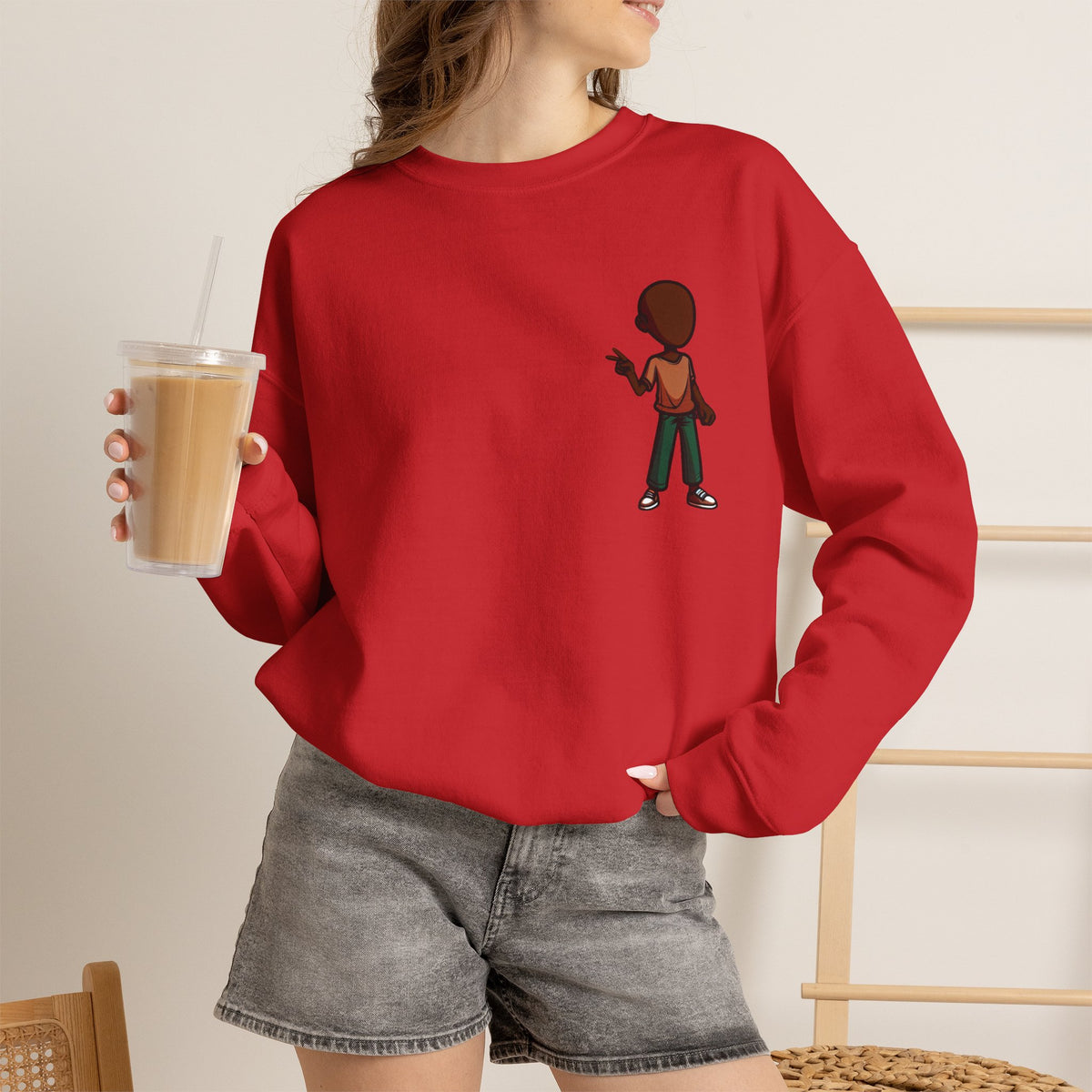 Crewneck Sweatshirt — Minimal Walking Kid Cartoon Chest Print
