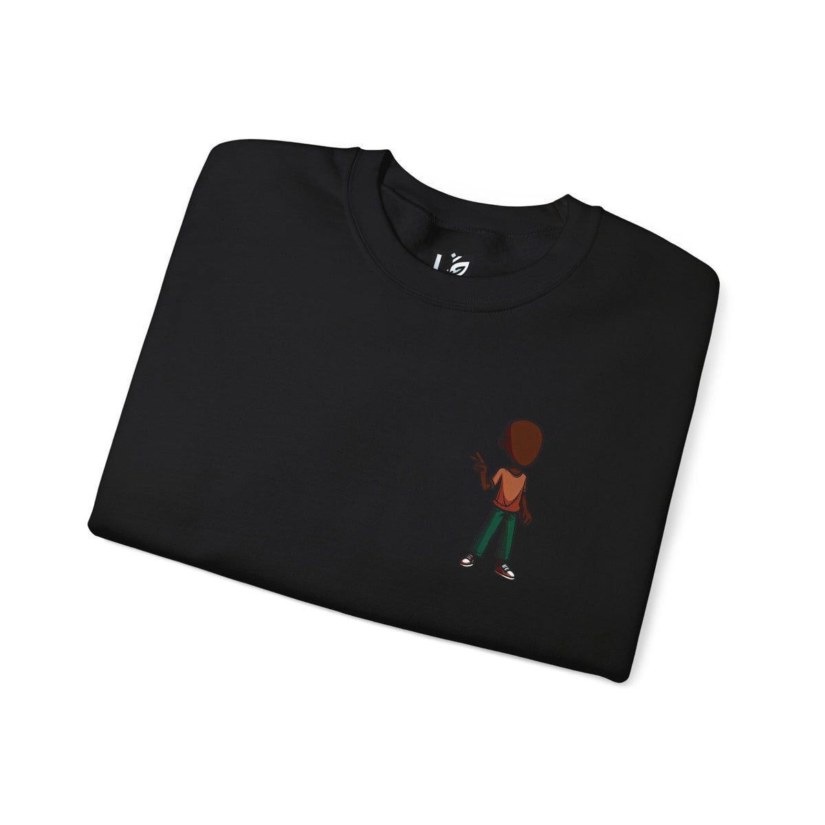 Crewneck Sweatshirt with Cartoon Guitarist & 'Rock On' Sleeve Graphic