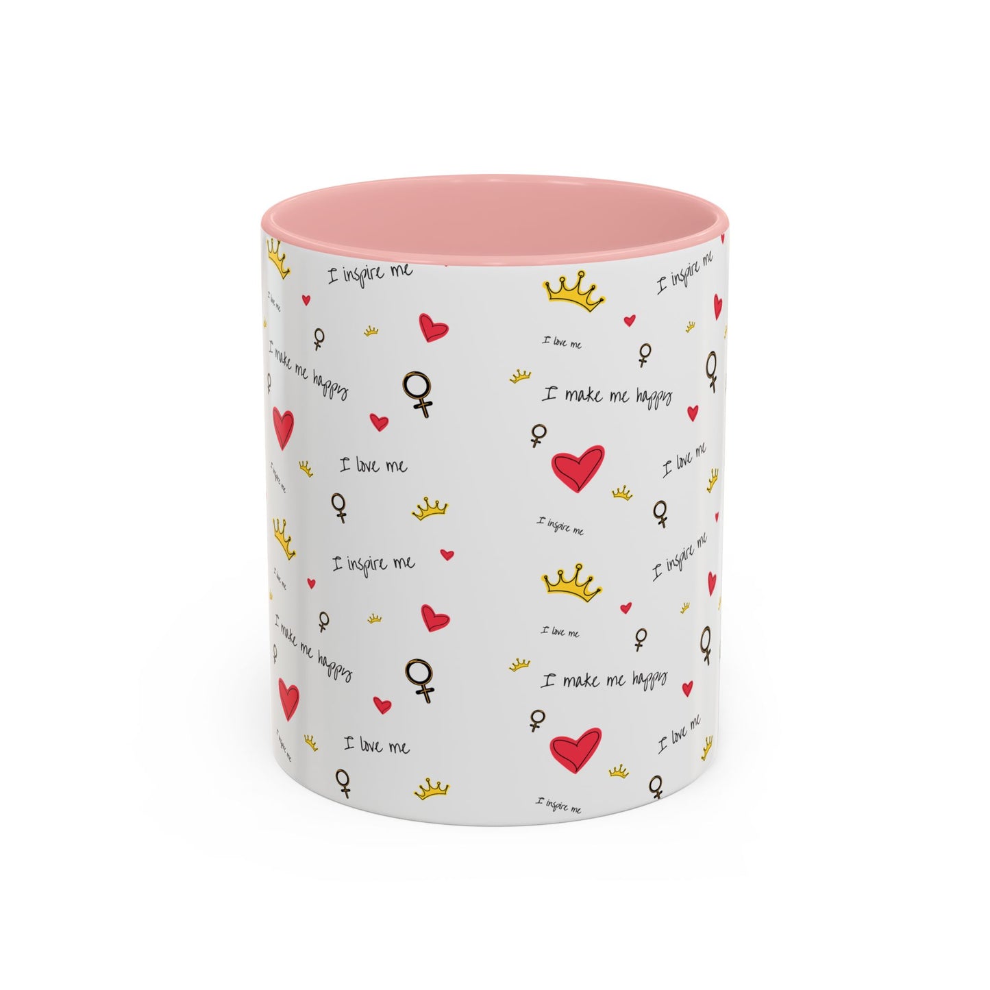 Inspirational Accent Coffee Mug - "I Love Me", Red Hearts and Crowns, Perfect Gift for Self-Care