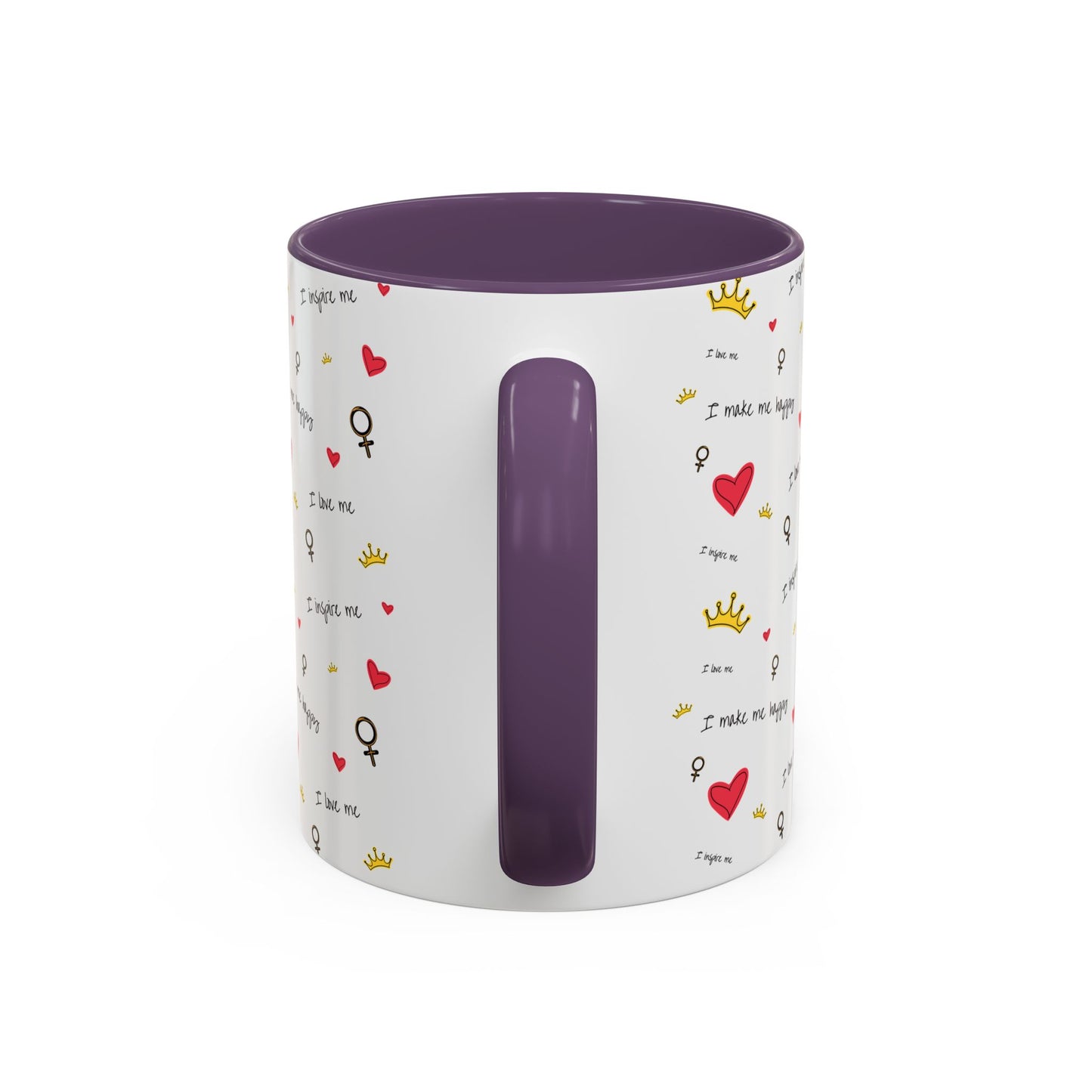 Inspirational Accent Coffee Mug - "I Love Me", Red Hearts and Crowns, Perfect Gift for Self-Care