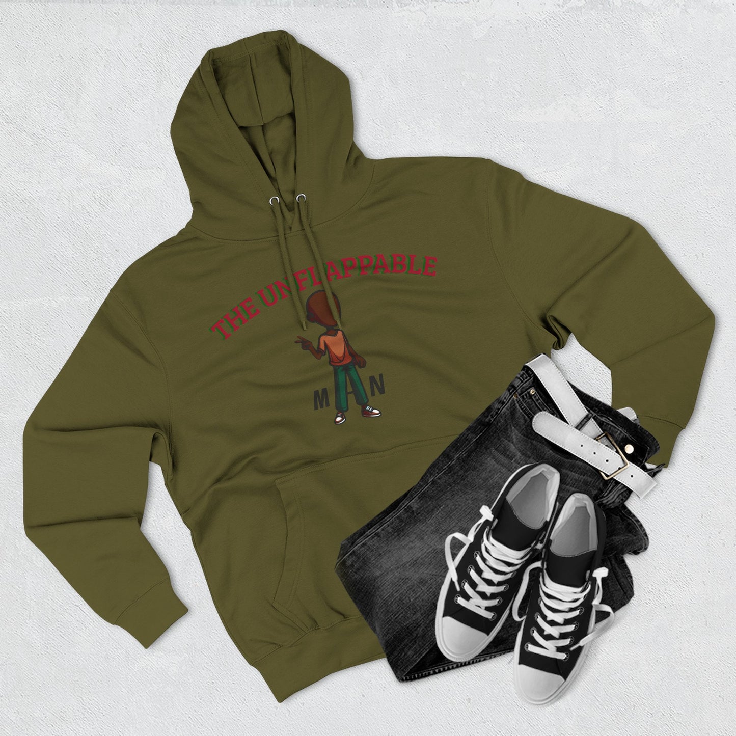 Unflappable Man Hoodie — Graphic Fleece Pullover with Cartoon Character