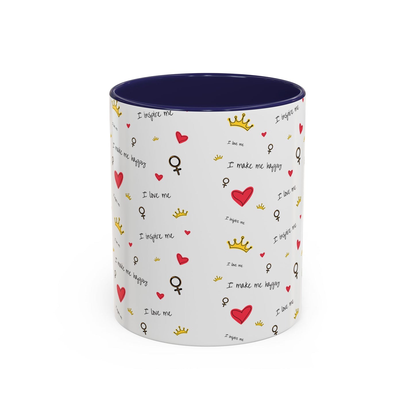 Inspirational Accent Coffee Mug - "I Love Me", Red Hearts and Crowns, Perfect Gift for Self-Care