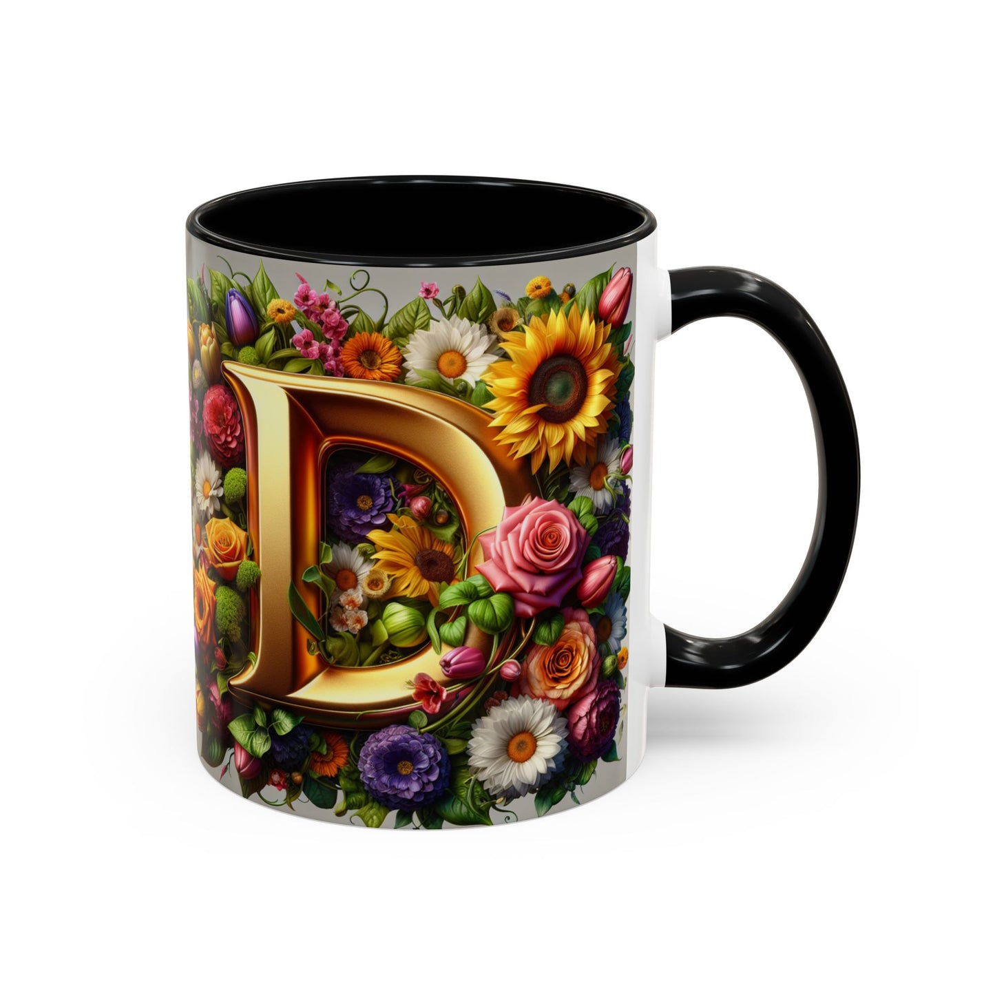 Floral Letter D Accent Coffee Mug - Colorful Personalized Drinkware for Nature Lovers