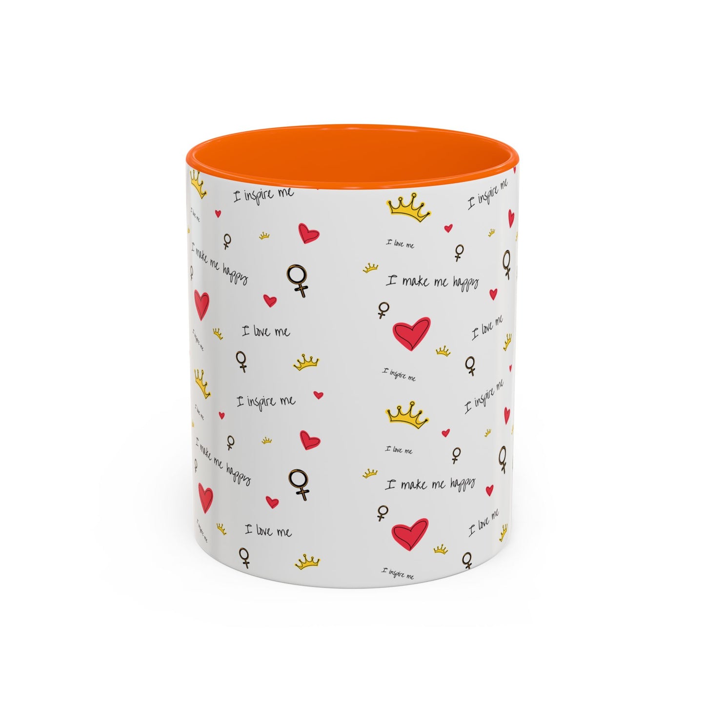 Inspirational Accent Coffee Mug - "I Love Me", Red Hearts and Crowns, Perfect Gift for Self-Care
