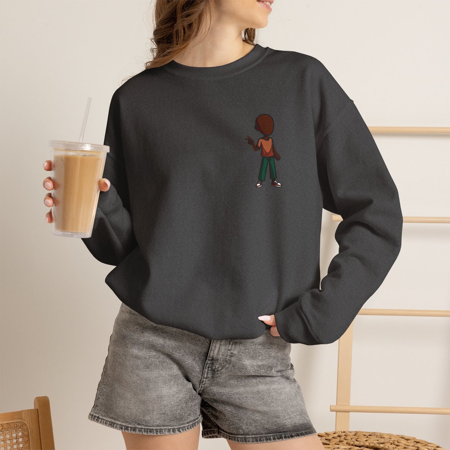 Crewneck Sweatshirt with Cartoon Guitarist & 'Rock On' Sleeve Graphic