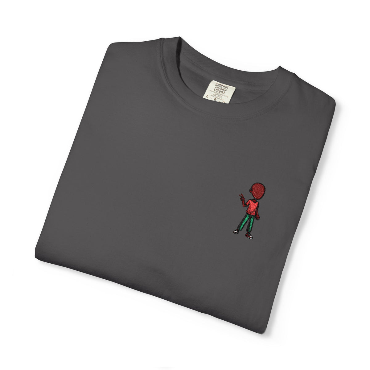 T-Shirt — Tiny Red-Haired Skateboarder Chest Graphic, Minimal Streetwear Tee