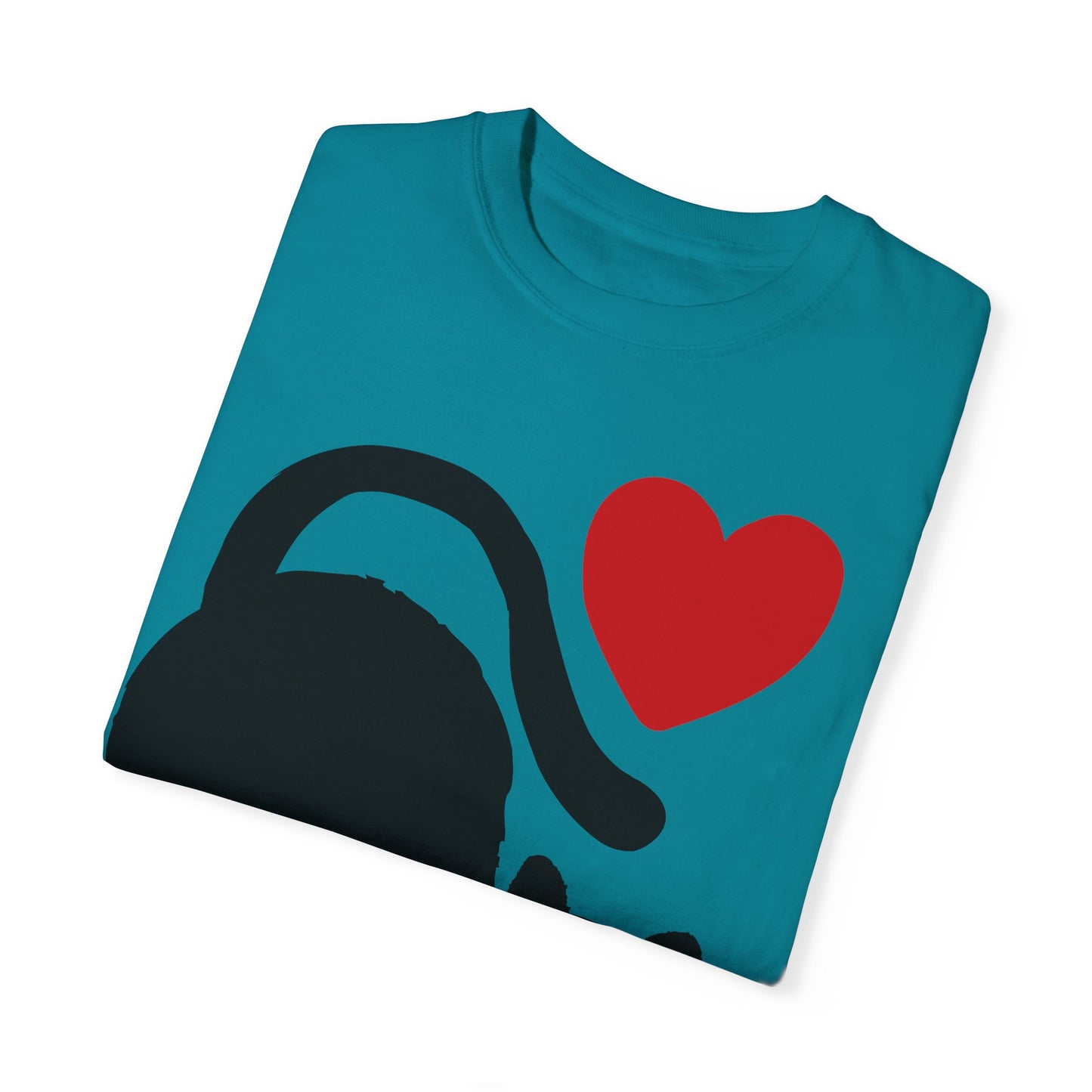 Cute Cat Lover's Unisex Garment-Dyed T-Shirt - Playful Black Cat with Heart Design