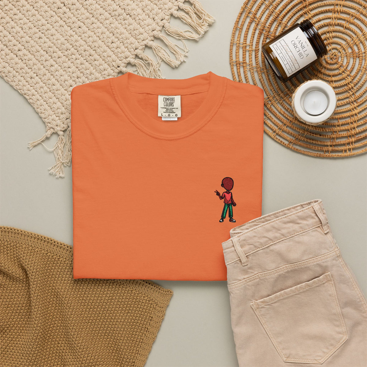 T-Shirt — Tiny Red-Haired Skateboarder Chest Graphic, Minimal Streetwear Tee
