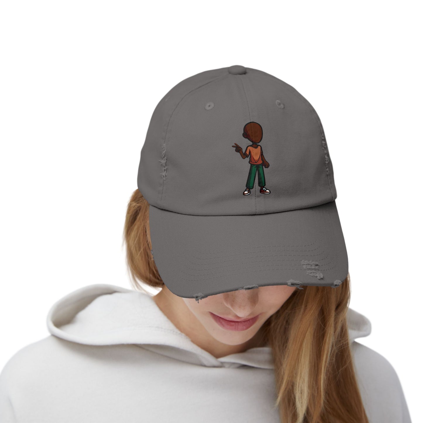 Distressed Black Dad Hat with Retro Boy Graphic — Casual Streetwear Cap