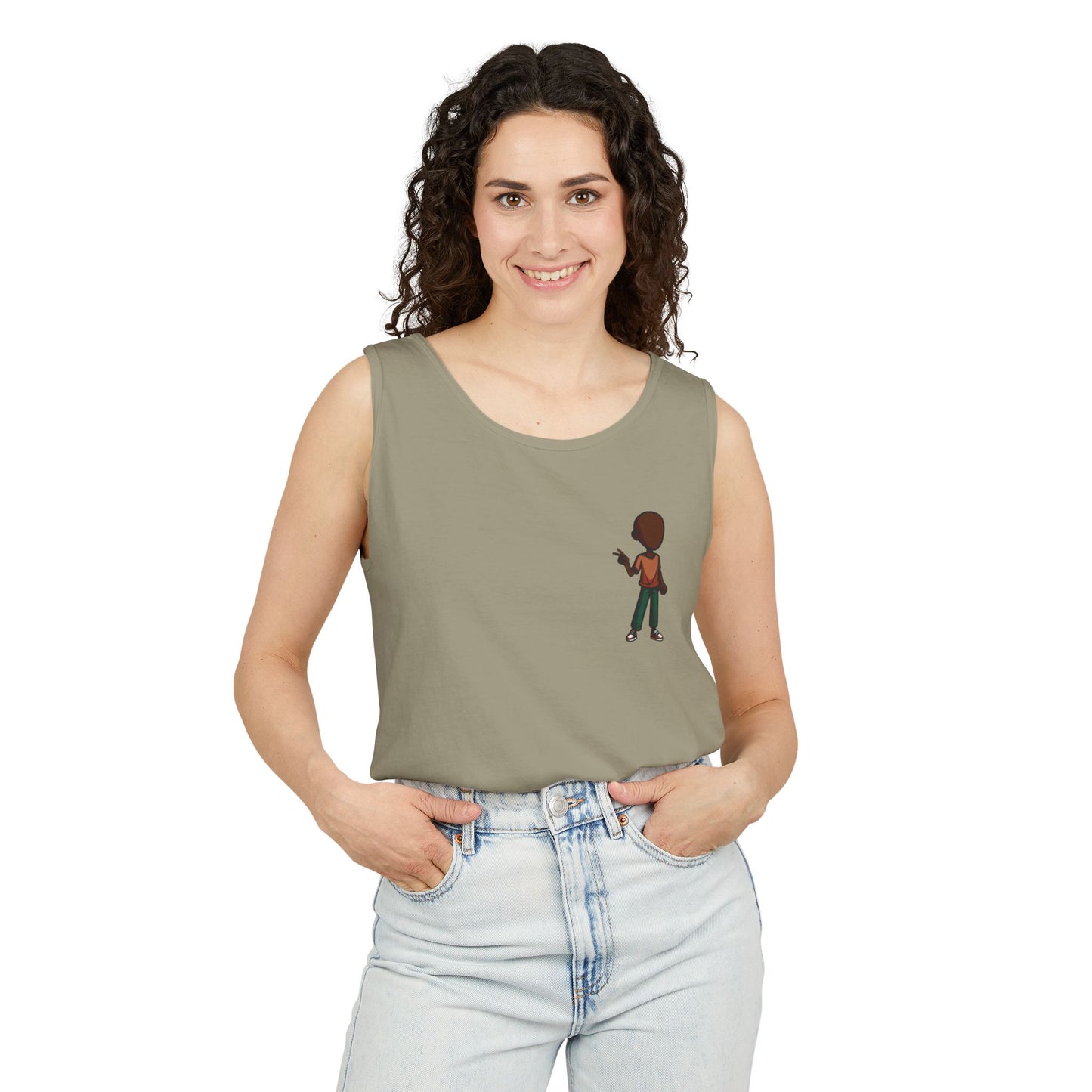 Minimalist Coffee Lover Tank — Small Cartoon Person Holding Mug Graphic Tank Top
