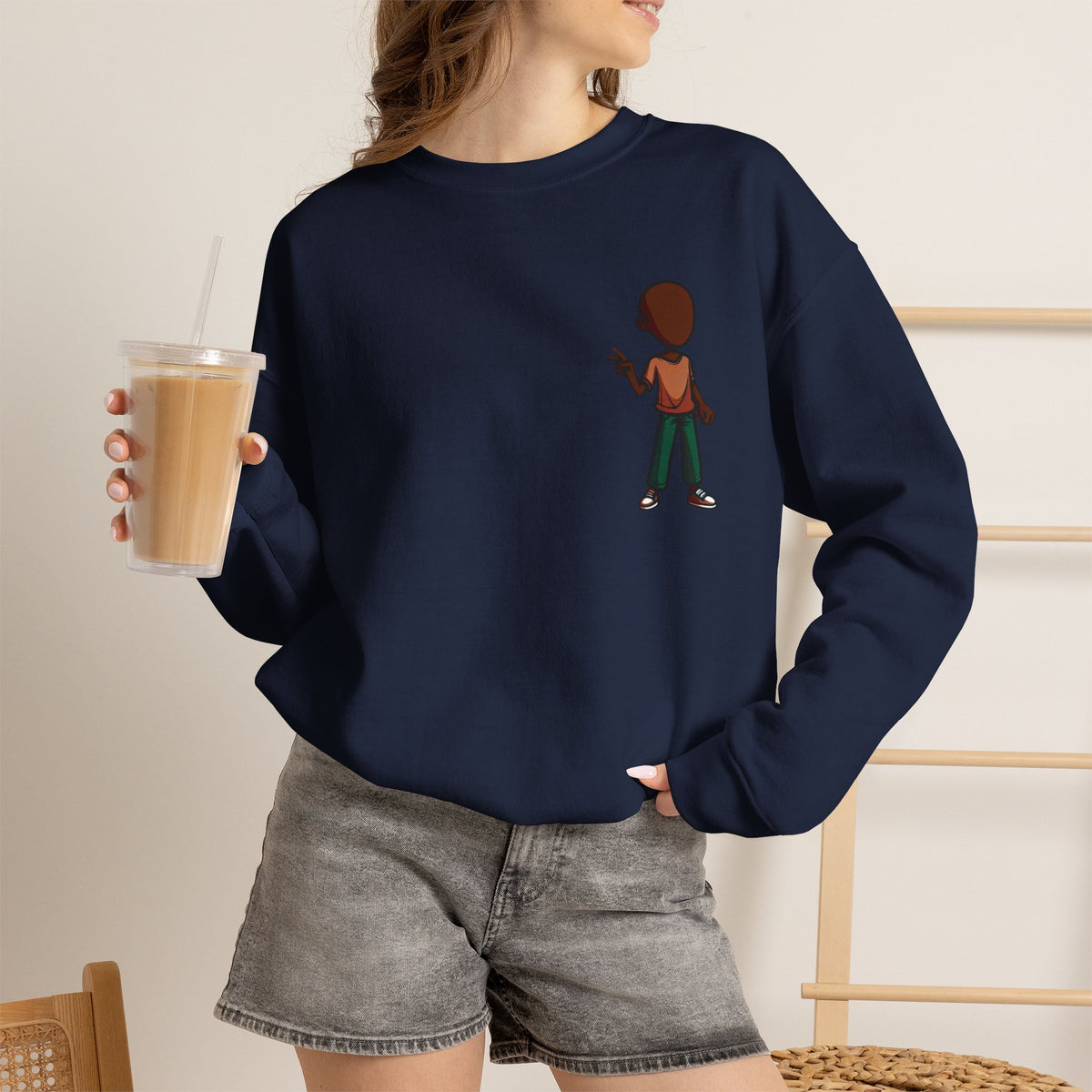 Crewneck Sweatshirt — Minimal Walking Kid Cartoon Chest Print