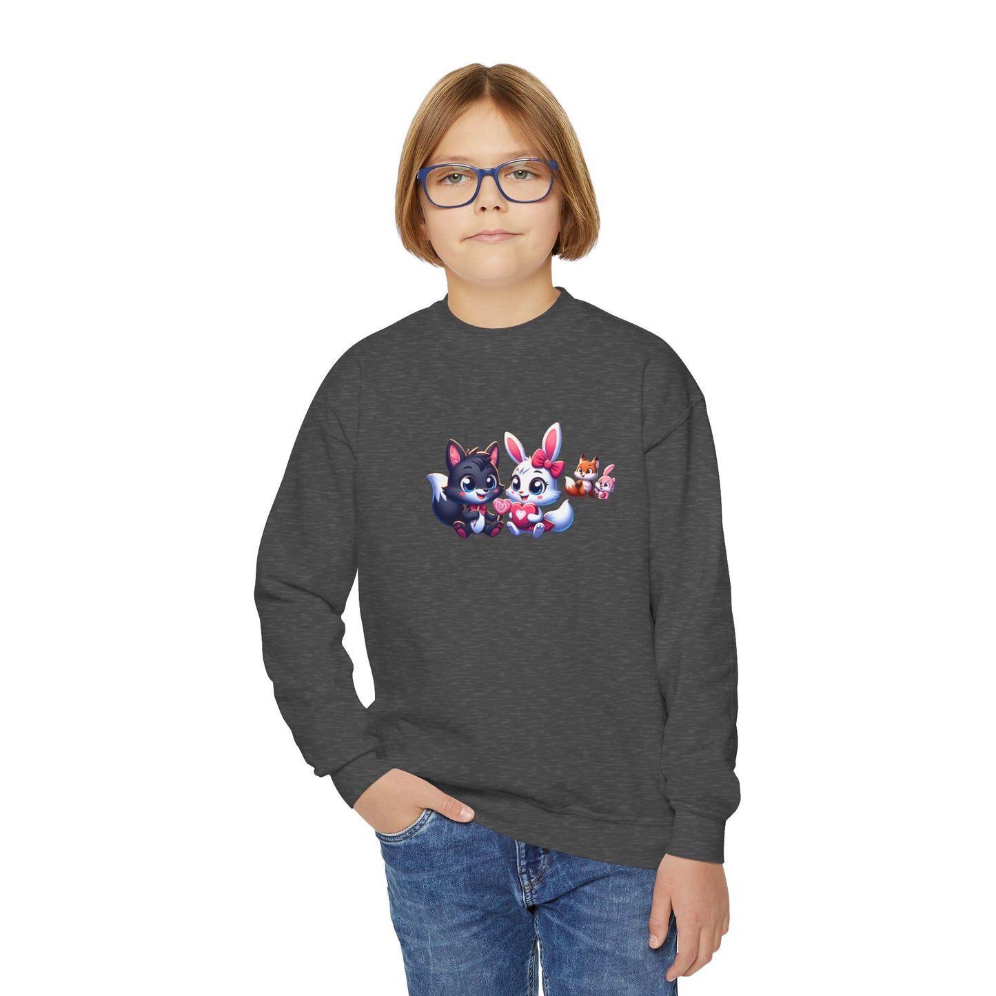 Youth Sweatshirt — Cute Cartoon Kawaii Cats & Bunny Graphic