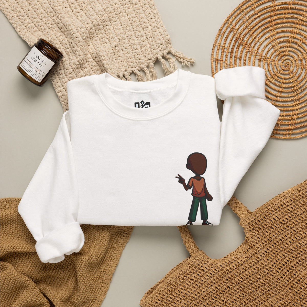 Crewneck Sweatshirt — Minimal Walking Kid Cartoon Chest Print