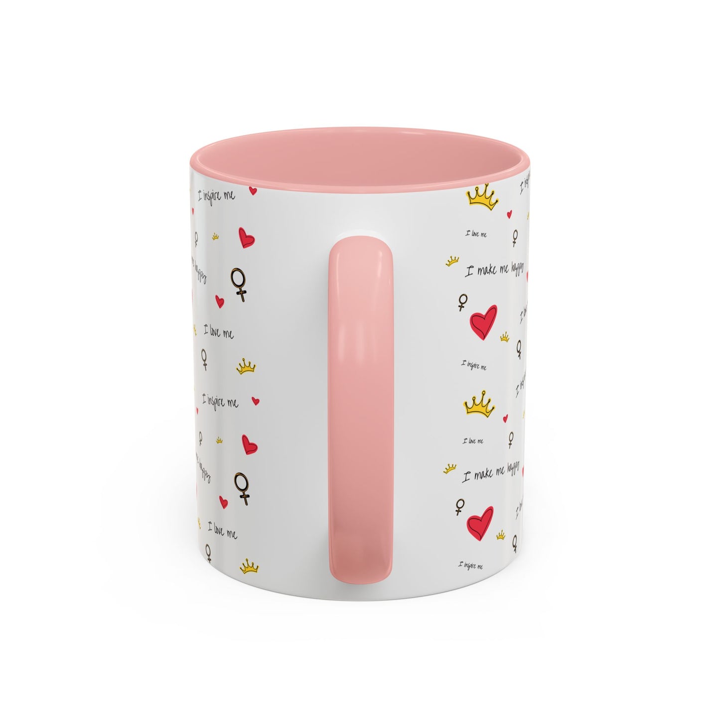 Inspirational Accent Coffee Mug - "I Love Me", Red Hearts and Crowns, Perfect Gift for Self-Care